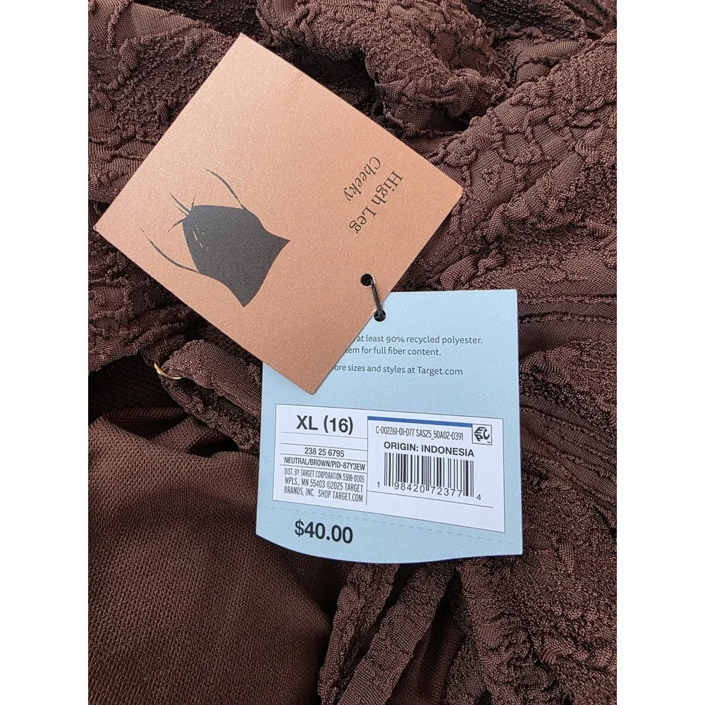 Shade & Shore Swimsuit XL Brown One Piece Textured High Leg Cheeky  Keyhole 382
